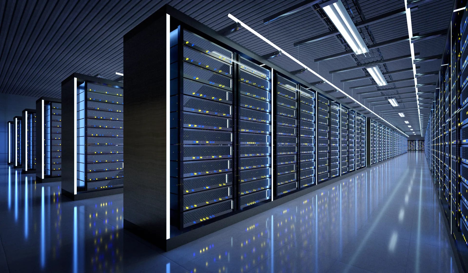 Futuristic AI data center with glowing servers and network connections