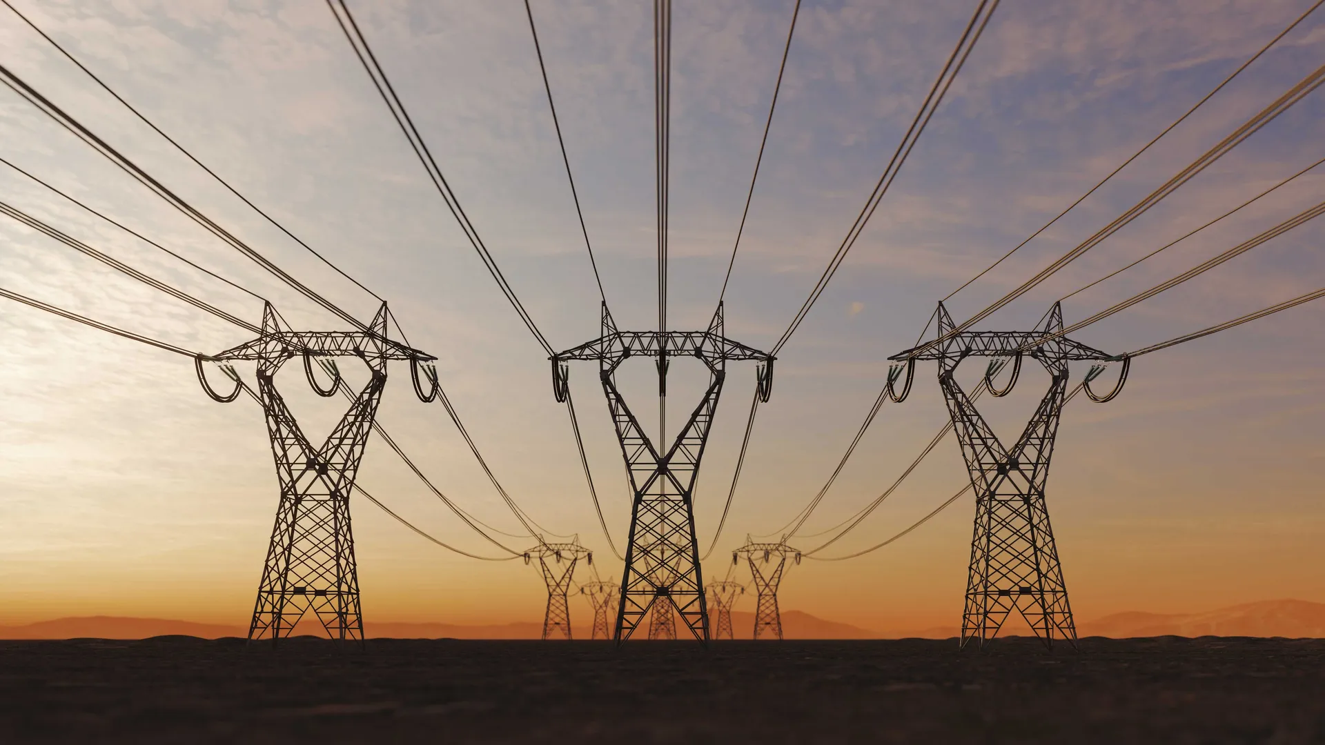 High-voltage transmission lines stretching towards the horizon near Intermountain Power Project