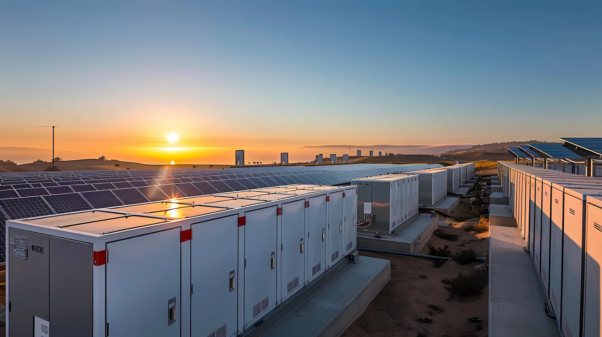 Battery storage and solar panels at sunset