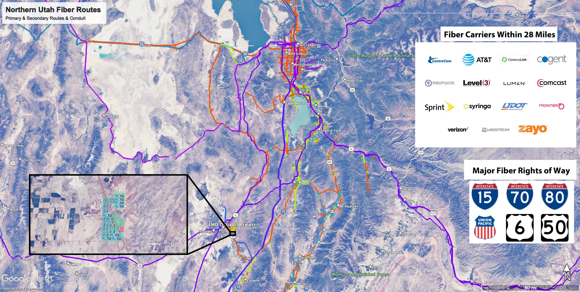Northern Utah fiber routes showing Delta at the intersection of major carriers