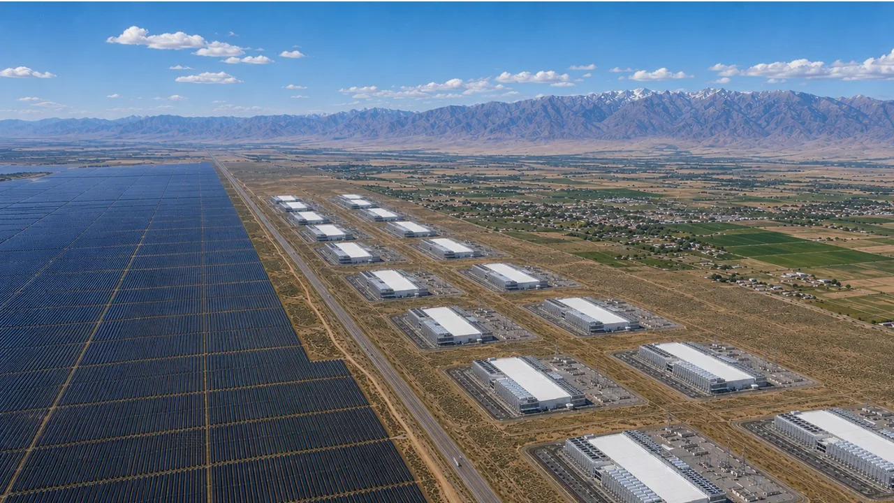 Aerial rendering of the Delta Gigasite — solar field, data center campus, and Wasatch Range backdrop